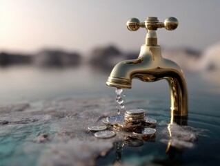 Global Inflation Forecast Concept. A golden faucet pours water over coins, symbolizing wealth and abundance in a serene, abstract setting.