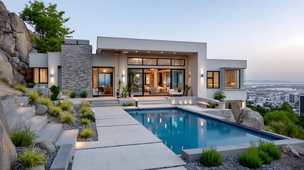 Modern Home Design with Stone and Concrete Elements Overlooking Scenic Prairie Landscape