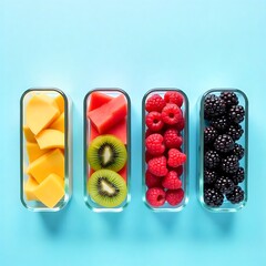 four glass containers filled with different fruits arranged in a row on a pastel blue background, healthy food concept, created with generative ai