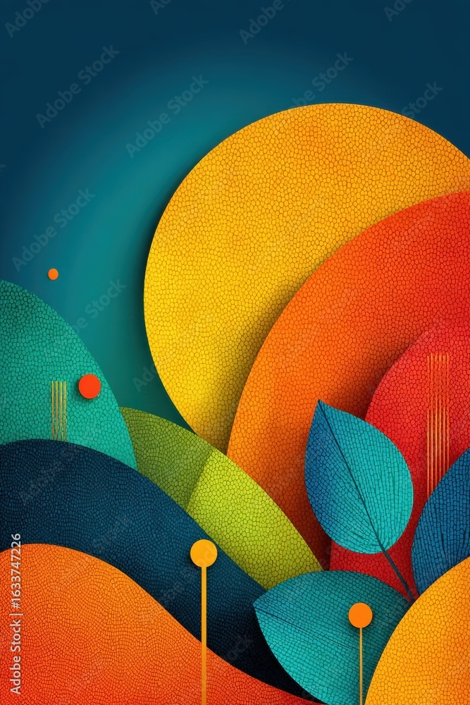 Poster abstract artwork with vibrant shapes and textures in colorful composition