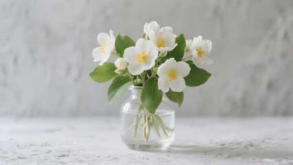 a small bouquet of white flowers in a vase, Bouquet small white camomile flowers in the vase on old wooden table, created with generative ai