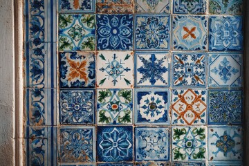Intricate Blue and White Azulejo Tiles, Portuguese Floral Patterns, Wall Detail