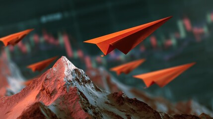Global Inflation Forecast Concept. A surreal scene featuring red paper airplanes soaring over a mountainous landscape, symbolizing innovation and growth amidst fluctuating data.