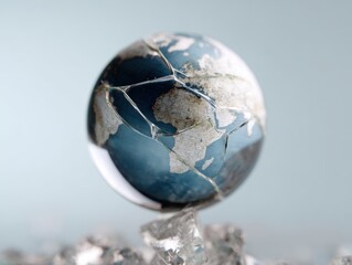 Global Inflation Forecast Concept. A crystal globe with a silver map of the world, resting on a bed of ice, symbolizing global connectivity and the fragility of our planet.