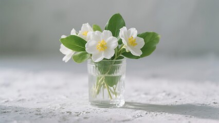 a small bouquet of white flowers in a vase, Bouquet small white camomile flowers in the vase on old wooden table, created with generative ai