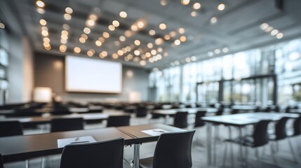 A modern conference room setup with rows of tables and chairs, large windows, and ambient lighting for events.