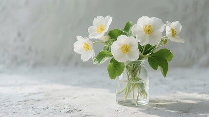 a small bouquet of white flowers in a vase, Bouquet small white camomile flowers in the vase on old wooden table, created with generative ai