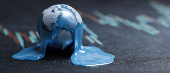 Global Inflation Forecast Concept. A melting globe symbolizes climate change and environmental concerns, with blue paint flowing to represent rising sea levels.