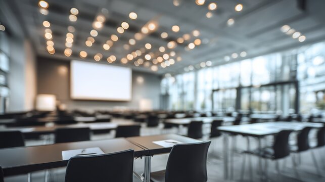 A modern conference room setup with rows of tables and chairs, large windows, and ambient lighting for events.