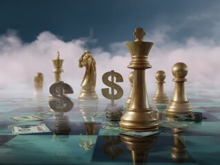 Global Inflation Forecast Concept. A chess set with gold pieces and dollar symbols, surrounded by fog, symbolizes the strategy of finance and competition.