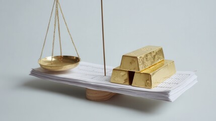 Global Inflation Forecast Concept. A scale balances gold bars and paper, symbolizing finance and valuation in a minimalist setting.