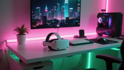 a modern gaming setup with a virtual reality headset on a desk in a gaming room empty gaming streaming studio, created with generative ai