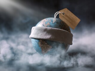 Global Inflation Forecast Concept. A globe wrapped in a knitted scarf and tagged, symbolizing warmth and care for the Earth amid misty surroundings.