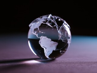 Global Inflation Forecast Concept. A crystal globe with visible continents sits on a reflective surface, illuminated by a soft glow, symbolizing global connectivity and environmental themes.