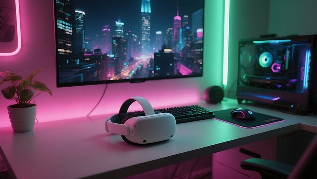 a modern gaming setup with a virtual reality headset on a desk in a gaming room empty gaming streaming studio, created with generative ai