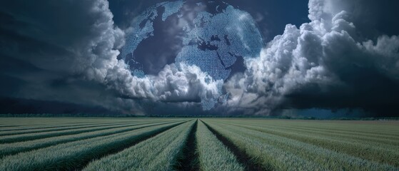 Global Inflation Forecast Concept. A dramatic sky filled with clouds forming a skull shape over a vast field, creating a striking and eerie landscape.