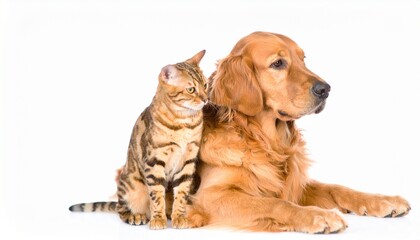Adorable Golden Retriever and Bengal Cat Companionship.