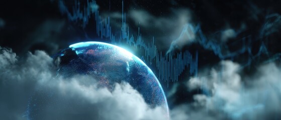 Global Inflation Forecast Concept. Futuristic depiction of Earth surrounded by data visualizations and clouds, suggesting technology and global connectivity.