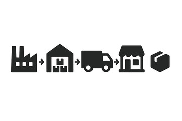 Supply chain logistics icons, warehouse storage, factory production, delivery truck, retailer store, distribution process, fulfillment package, black solid silhouette vector illustration