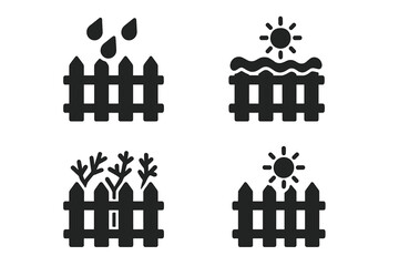 Weather Fence Vector Icons Set. Solid Black Picket Fence Illustrations Showing Rain, Sunlight, Snow, Frost, Seasonal Effects on Garden or Farmyard Fences. Weather Impact Concept for Outdoors