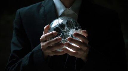 Global Inflation Forecast Concept. A person in formal attire holds a translucent, cracked orb in a dimly lit setting, symbolizing fragility or mystery.
