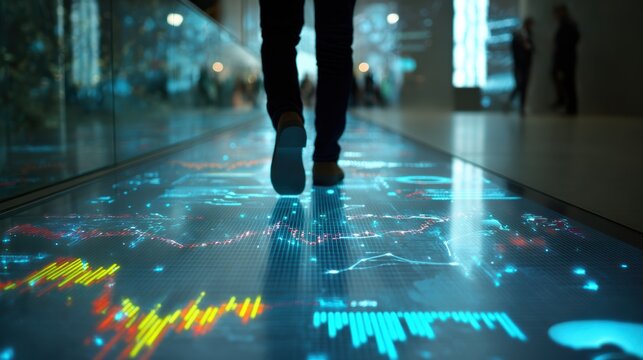 A person walks on a digital floor displaying dynamic data visualizations and interactive graphs. - Powered by Adobe