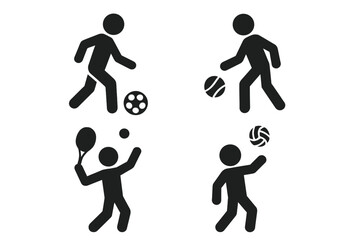 Dynamic Sports Ball Action Icons Set. Solid Fill Vector Collection Featuring Soccer Dribble, Basketball Bounce, Tennis Serve, Volleyball Play, Team Sport Stick Figures, Physical Activity Concepts