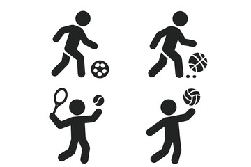Solid sports ball icon grid with filled vector symbols representing soccer dribble, basketball bounce, tennis serve, volleyball spike, and various ball drills in a clean transparent style