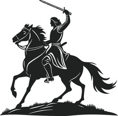 Silhouette of a fighter man on  a horse on white 