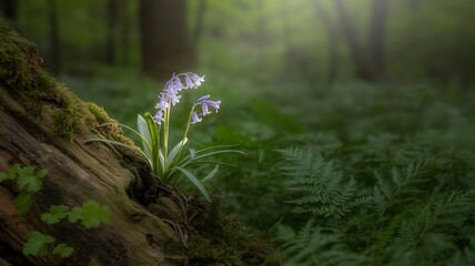 Fototapeta premium a single bluebell plant growing on a moss-covered tree trunk in a forest, Bluebells flower in forest., created with generative ai