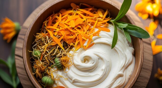 Artful presentation of creamy white substance swirled with vibrant calendula petals and dried herbs in a rustic wooden bowl, evoking natural wellness