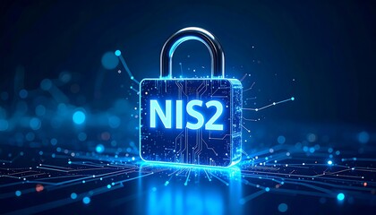 Glowing padlock with NIS2 inscribed, on a dark circuit board background