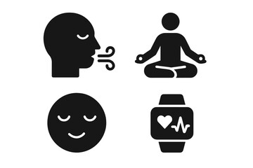 Stress relief icons set with solid filled design, including deep breath, yoga pose, calm face, heart rate monitor, anxiety reduction symbols, mental health and relaxation vector illustration