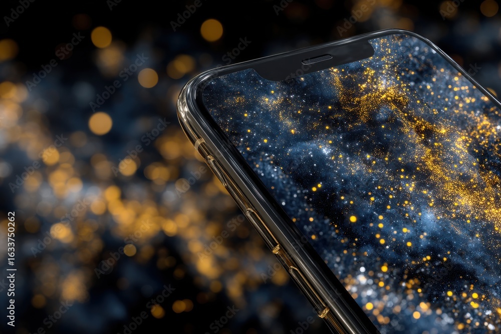 Aufkleber smartphone with a vivid cosmic-themed display in a glowing abstract setting