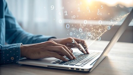 Person typing on laptop with digital data flow hands