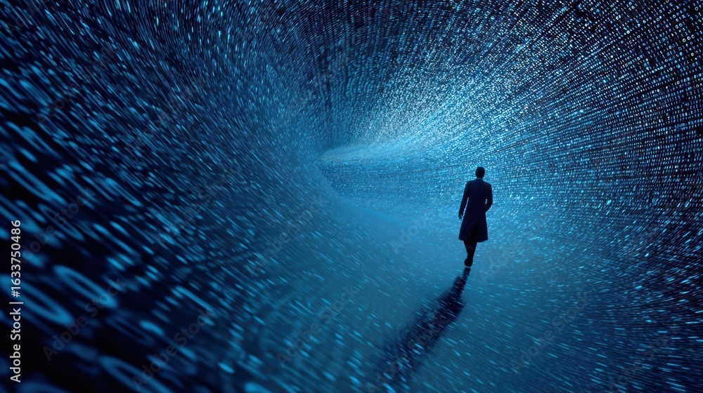 Poster a solitary figure walks through a digital tunnel filled with flowing binary data, symbolizing techno
