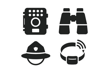 Wildlife Protection Equipment Icons Set. Solid Vector Symbols: Camera Trap, Binoculars, Ranger Hat, GPS Tracking Collar. Conservation Surveillance Tools for Animal Monitoring, Poaching Prevention