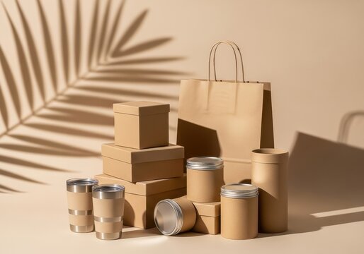 Eco friendly packaging containers and paper products in natural light