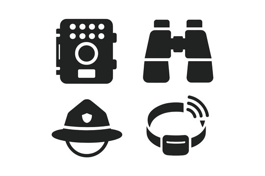 Wildlife Protection Equipment Icons Set. Solid Vector Symbols: Camera Trap, Binoculars, Ranger Hat, GPS Tracking Collar. Conservation Surveillance Tools for Animal Monitoring, Poaching Prevention