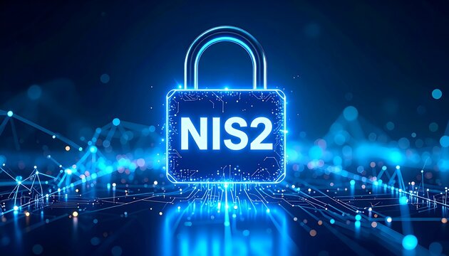 Glowing padlock with NIS2 inscribed, set against an abstract digital backdrop