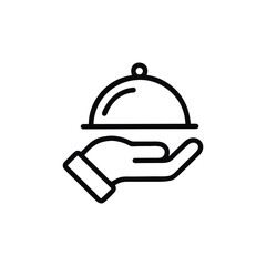 Elegant Food Service Icon Black Line Art Presenting Fine Dining with a Serving Cloche Held by a Hand