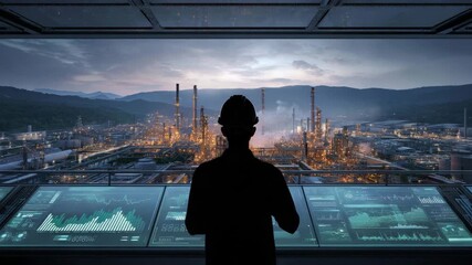 Digital Control Panel Overlooking Industrial Plant - Powered by Adobe