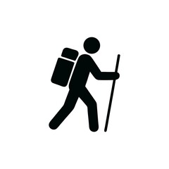 A Black Silhouette Illustration of a Hiker with Backpack and Hiking Stick on a White Background Outdoorsman Adventure Icon