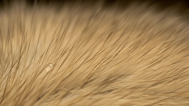 Close-up shows golden, layered fur texture with a single water droplet resting on the surface