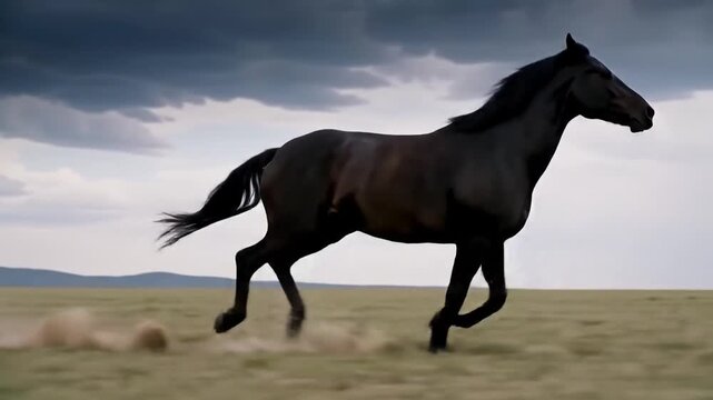 Extinct Tarpan Wild Horse Galloping Across Eurasian Steppes In Storm