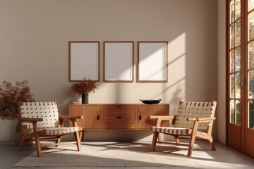 Beige room with wooden furniture and framed prints