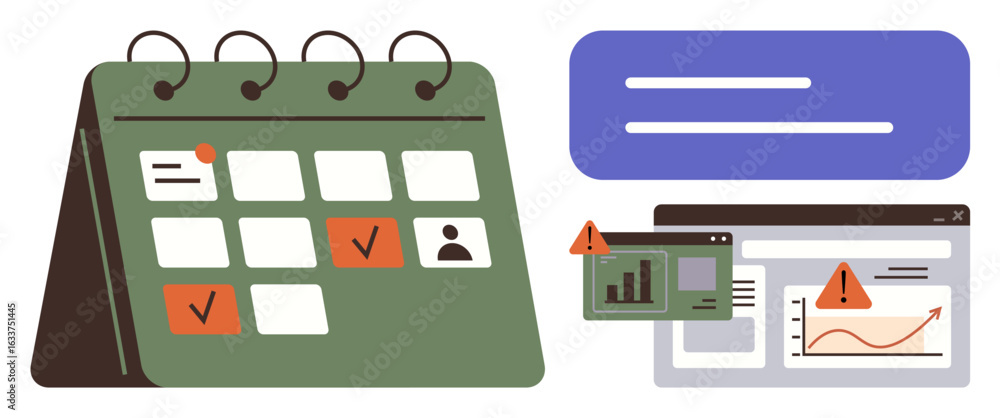 Poster calendar with marked tasks, charts with alerts on screens, and notification bubbles. ideal for time 