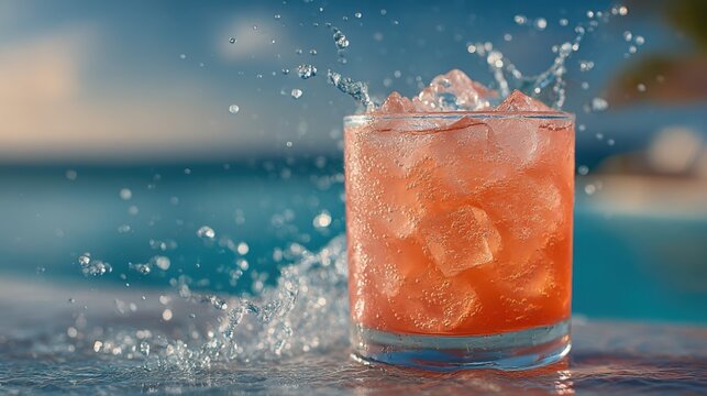 Refreshing summer cocktail with ice splashing at a poolside during sunset