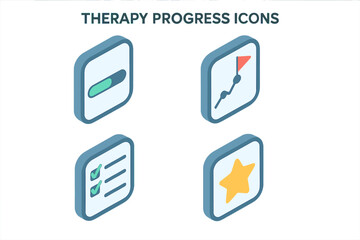 Isometric Therapy Progress Icons Set. Vector Illustration of Therapy Progress Tracker App UI Elements with Progress Bar, Milestone Flag, Checklist, Star for Mental Health and Wellness Platforms