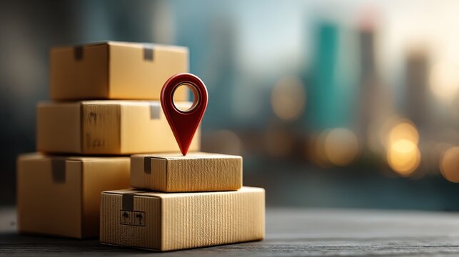 Delivery packages with location marker in urban setting during golden hour
